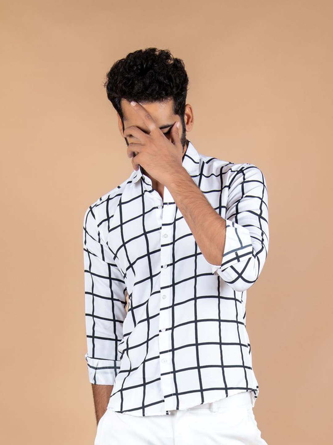

Tistabene Men Standard Spread Collar Windowpane Checked Crepe Casual Shirt, White