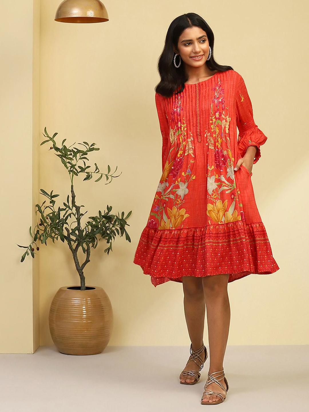 

Biba Floral Printed Bell Sleeve A-Line Dress, Orange