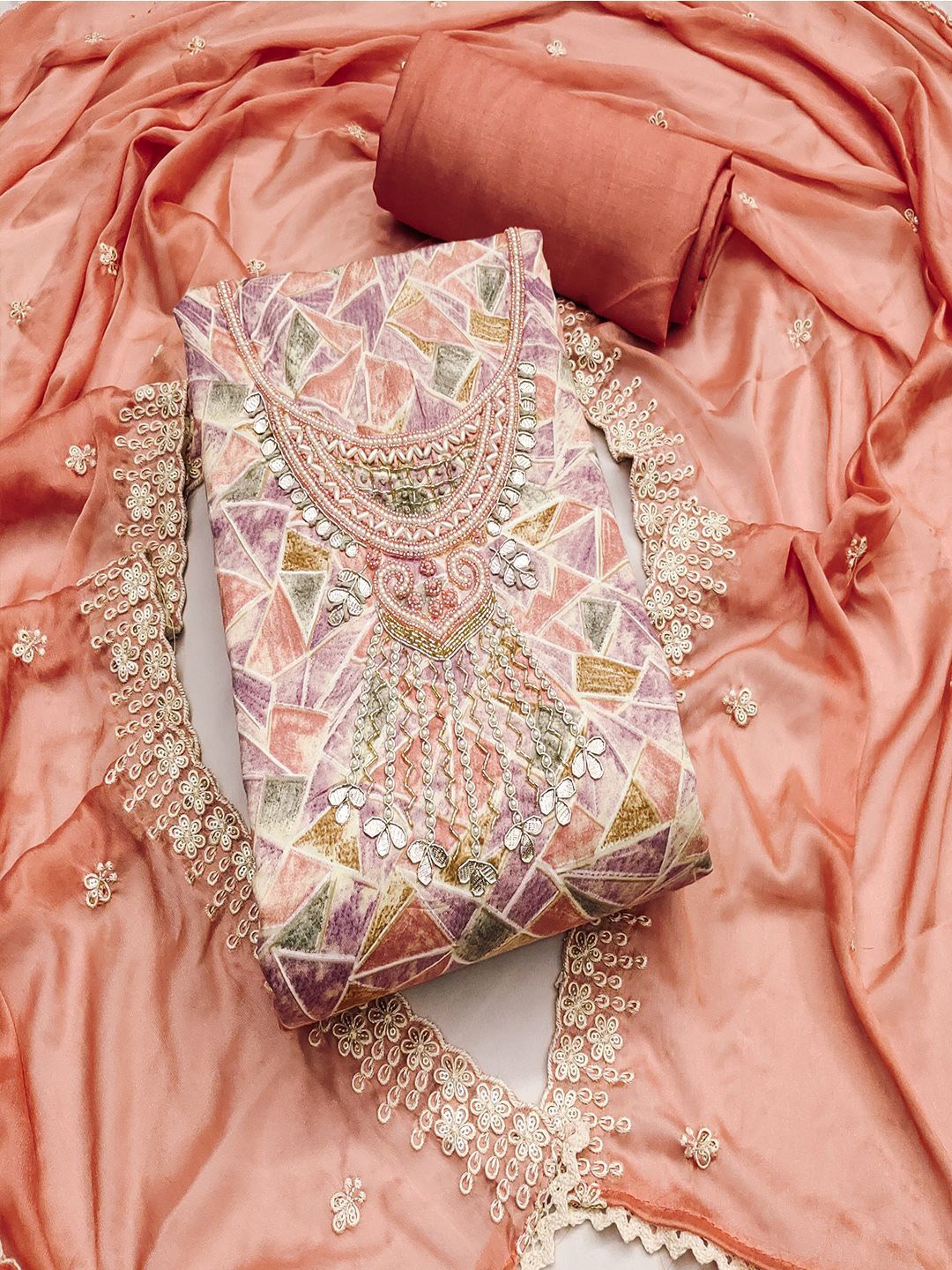 

Lilots Geometric Printed Beads and Stones Unstitched Dress Material, Peach