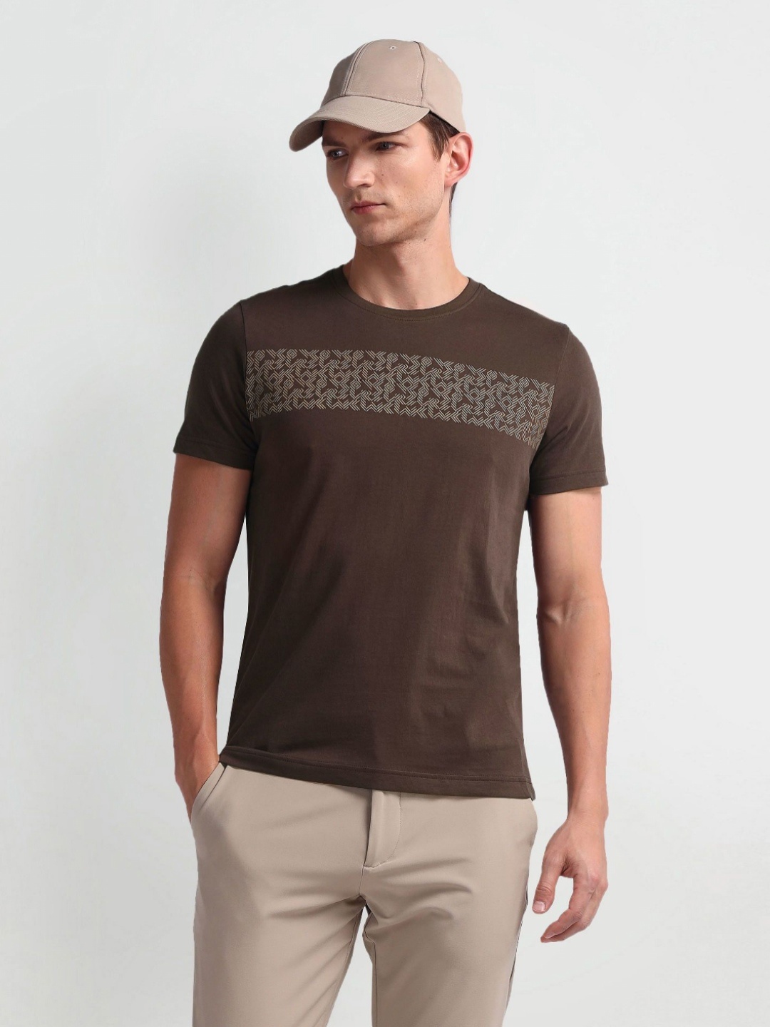 

Arrow Sport Men Abstract Printed Round Neck Cotton T-Shirt, Brown