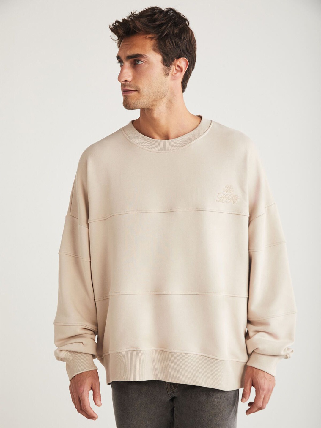 

GRIMELANGE Men Round Neck Solid Sweatshirt, Beige