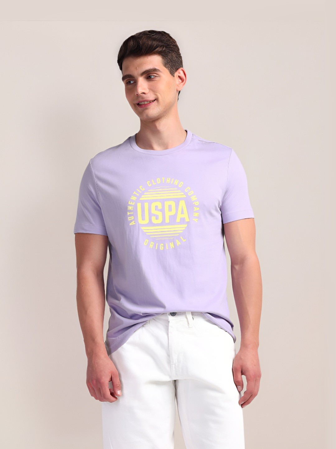 

U.S. Polo Assn. Men Typography Printed Round Neck Cotton Slim Fit T-Shirt, Purple