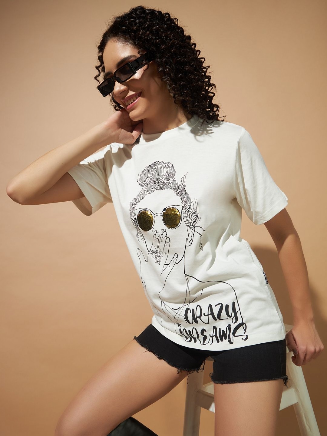 

The Dry State Women Graphic Printed Round Neck Cotton T-Shirt, Off white