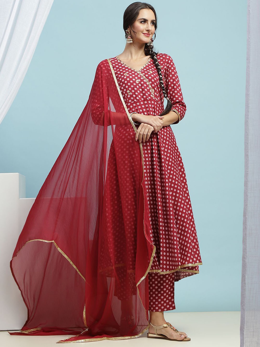 

Khushal K Floral Printed Zari Anarkali Kurta with Palazzos & Dupatta, Maroon