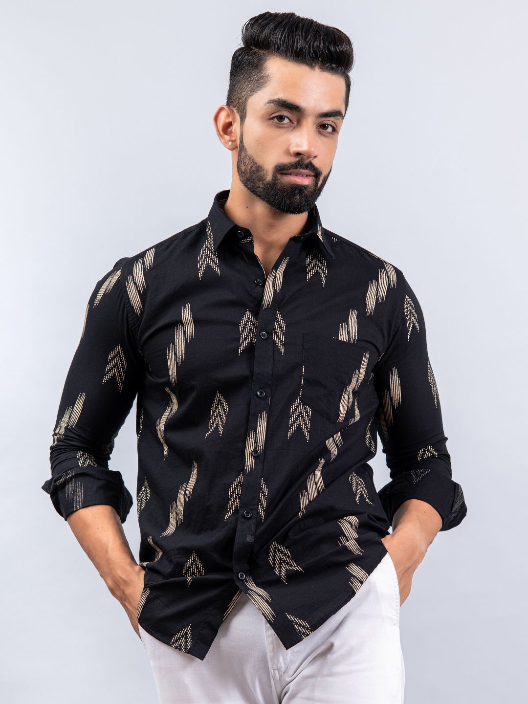 

Tistabene Men Standard Spread Collar Abstract Printed Cotton Casual Shirt, Black