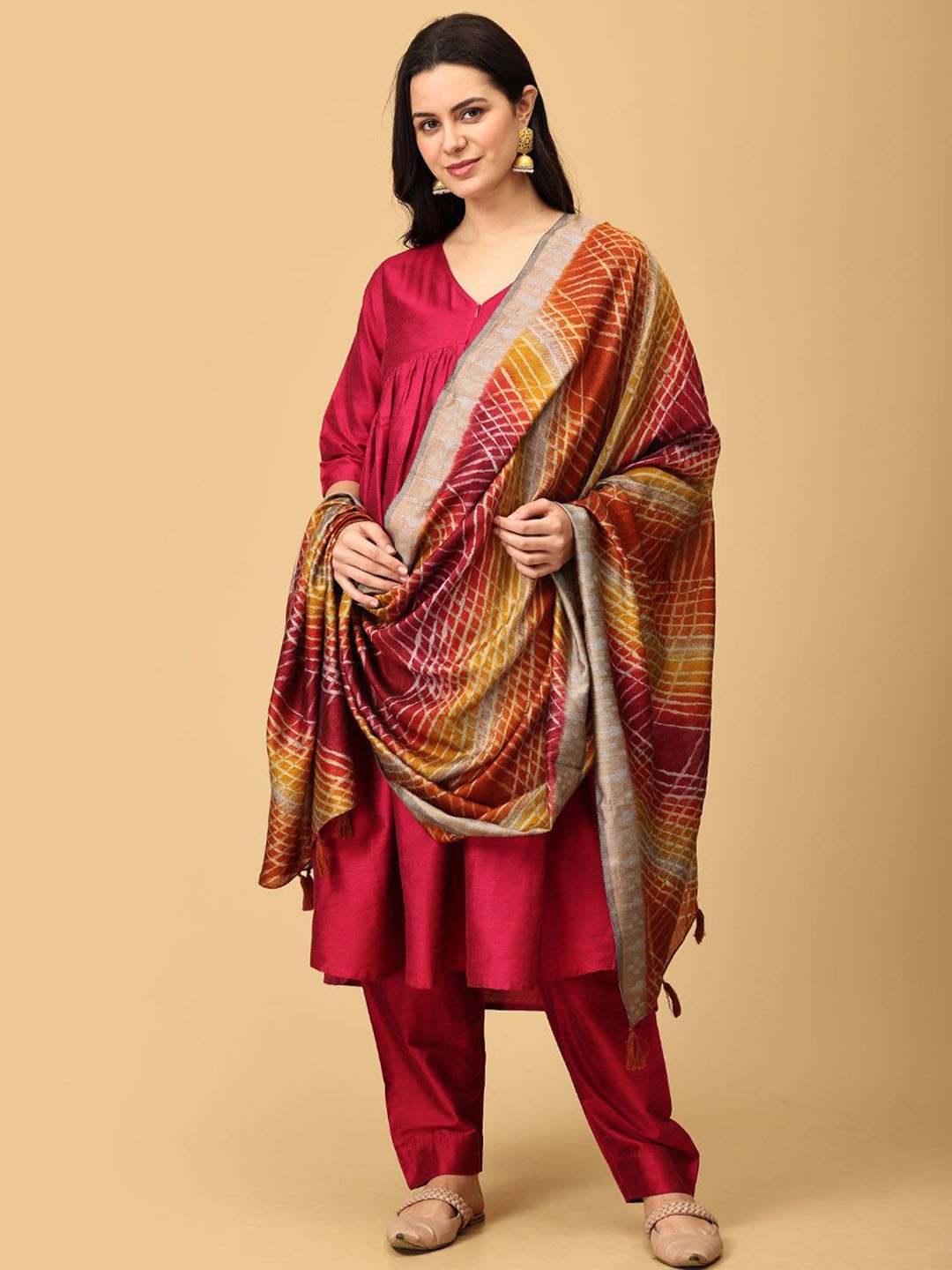 

The Mom Store V-Neck Regular Raw Silk Kurta With Trousers & Dupatta, Magenta