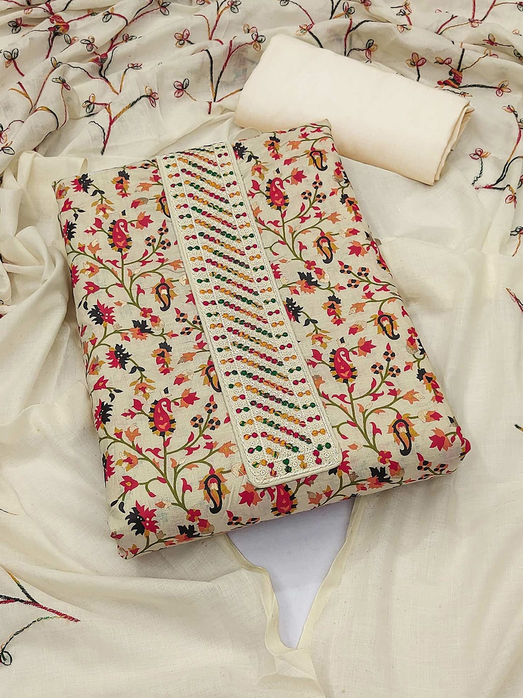 

Peachmode Floral Printed Pure Cotton Unstitched Dress Material, Cream