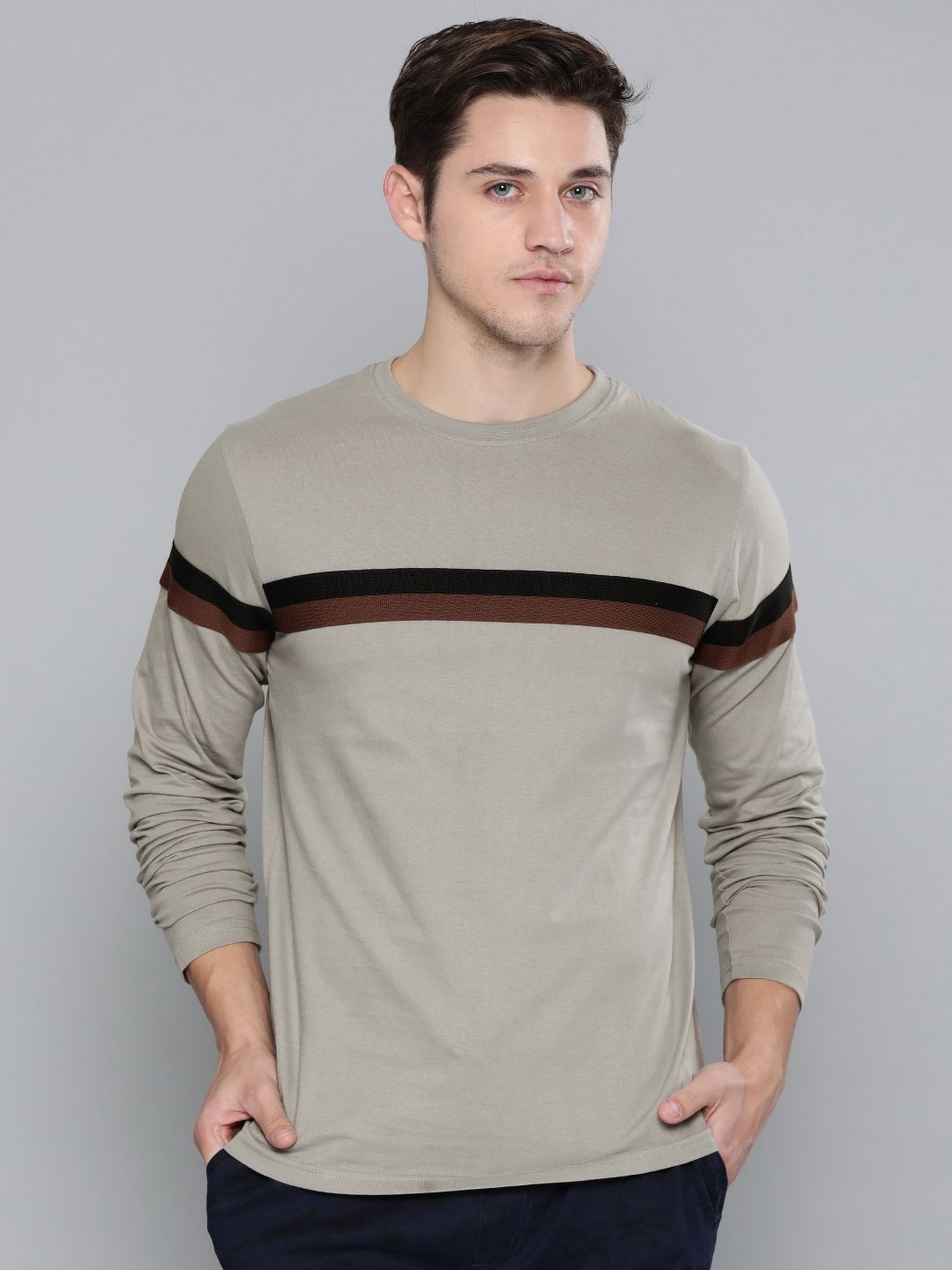 

DILLINGER Men Striped Round Neck Cotton T-Shirt, Grey
