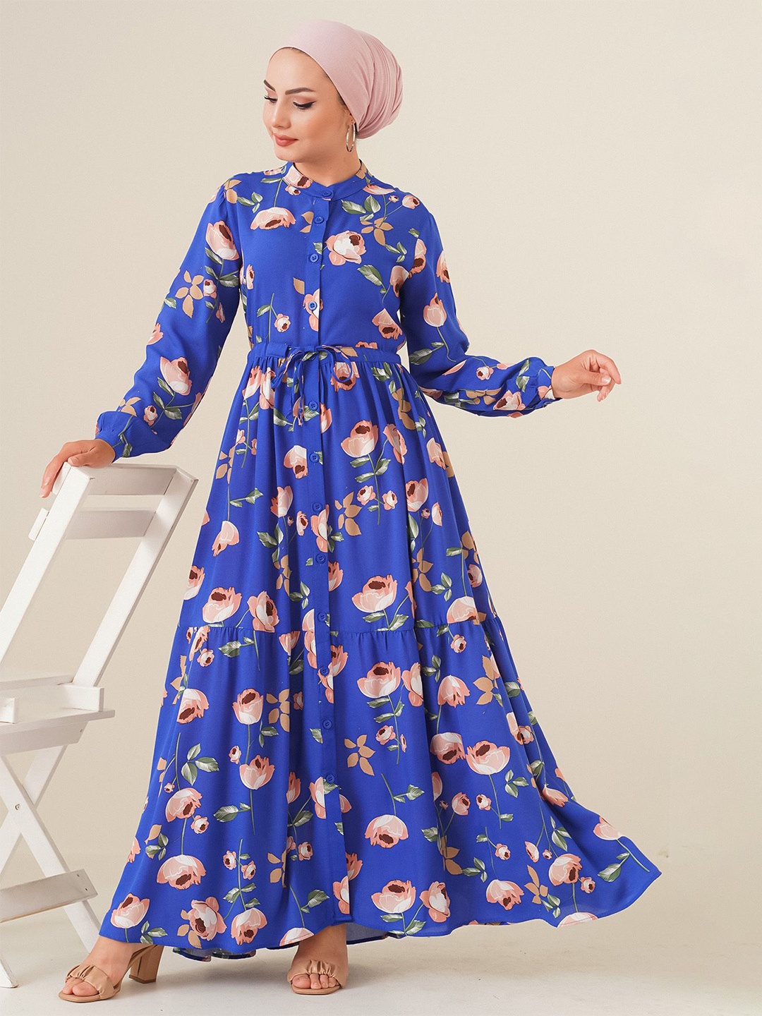 

BIGDART viscose Floral Print Mandarin Collar Cuffed Sleeves Maxi Dress, Na