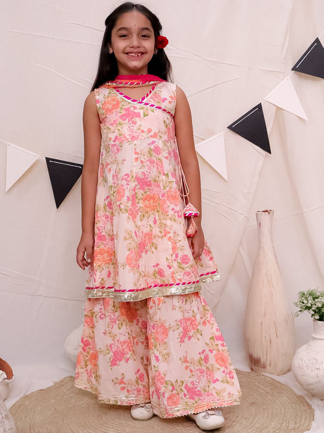 

Ka-mee Girls Floral Printed Gotta Patti Pure Cotton A Line Kurta with Sharara & Dupatta, Pink