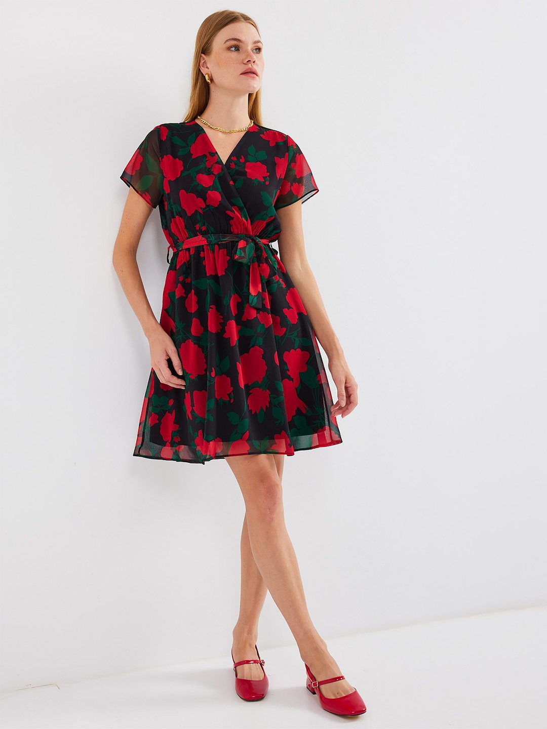

BIGDART Floral Print Fit & Flare Dress, Black