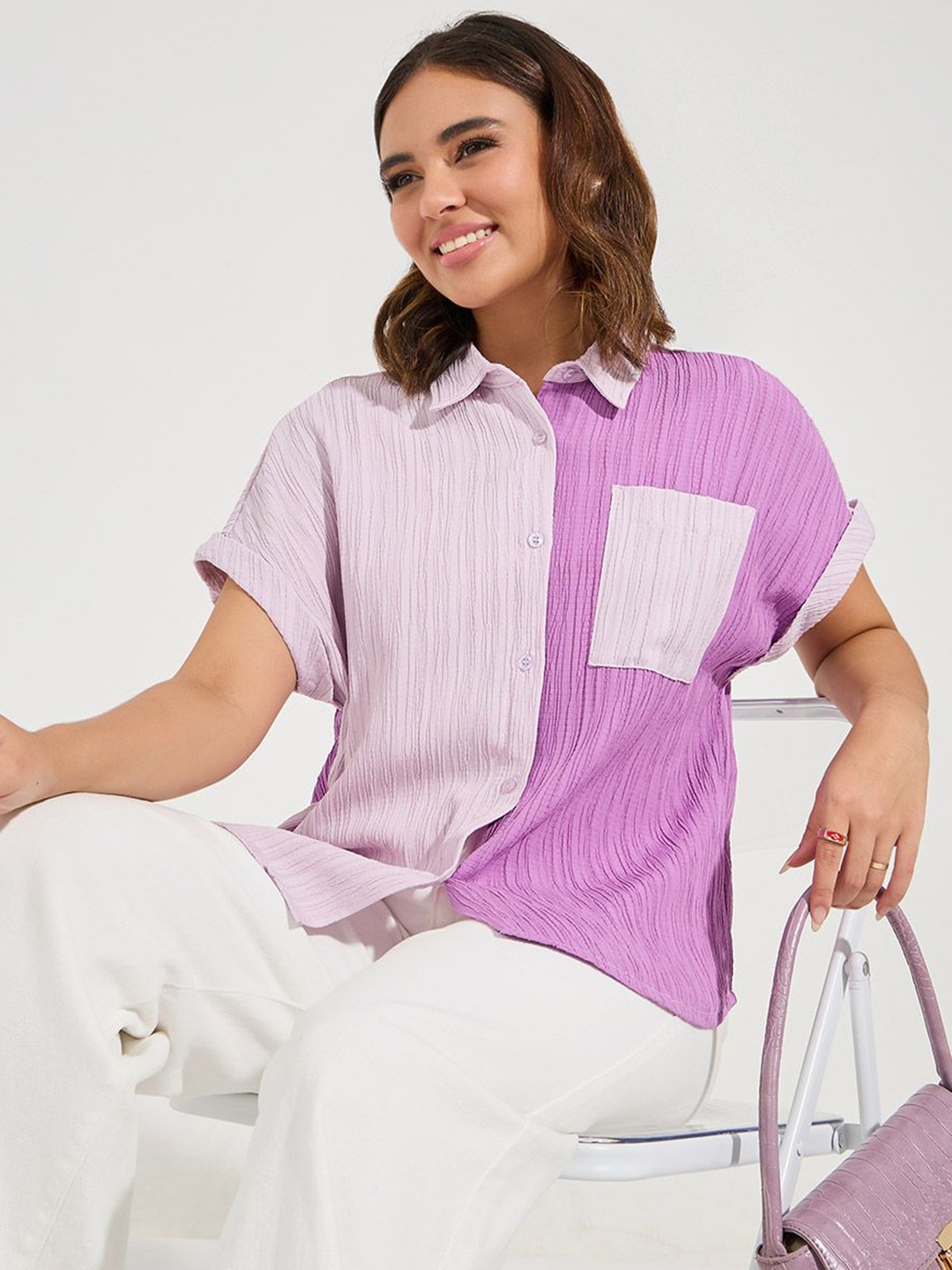 

Women Regular Fit Textured Color Block Shirt with Turn-Up Sleeve, Purple