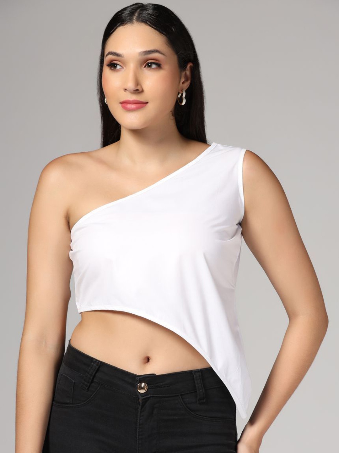 

TAHVO One Shoulder Cotton High-Low Crop Top, White
