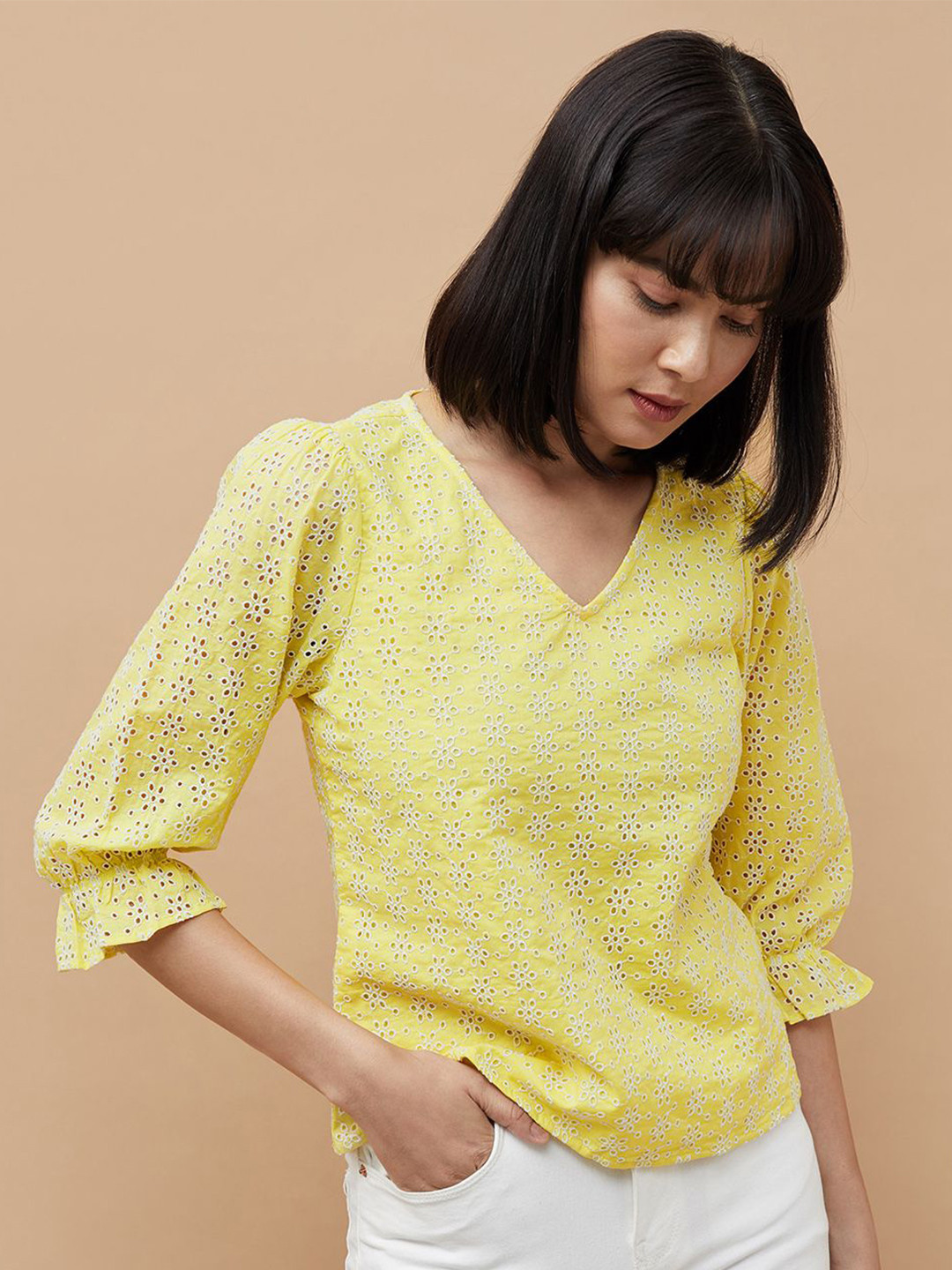 

CODE by Lifestyle Geometric Embroidered Cotton Top, Green