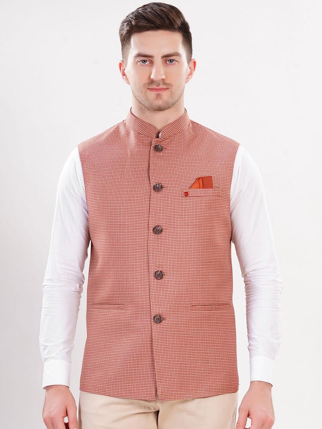 

LA'SCOOT Checked Mandarin Collar Woven Nehru Jacket, Rust
