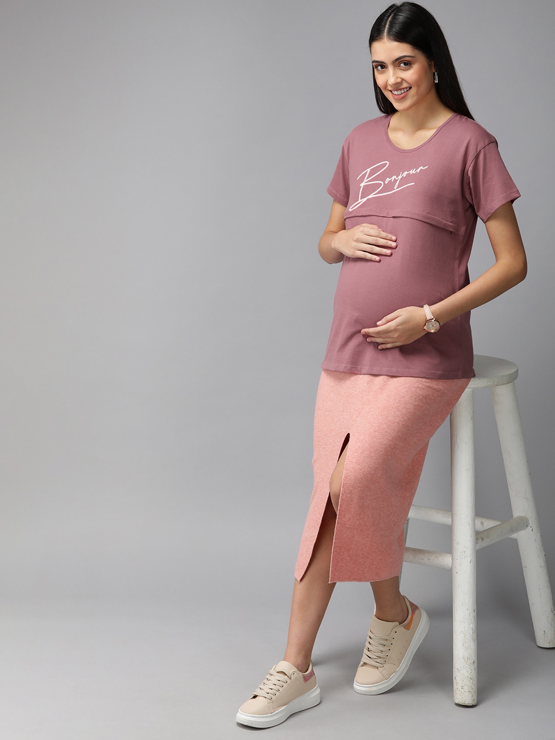 

Zeyo Dusty Rose Pink Solid Maternity & Feeding Pure Cotton Top