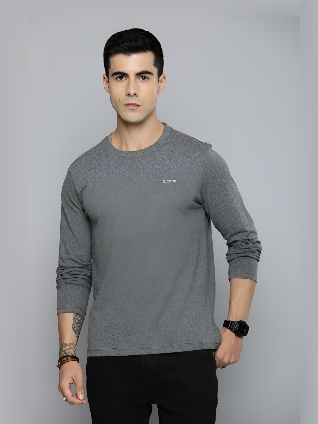 

R.Code by The Roadster Lifestyle Co. Men Solid Round Neck Cotton T-shirt, Charcoal