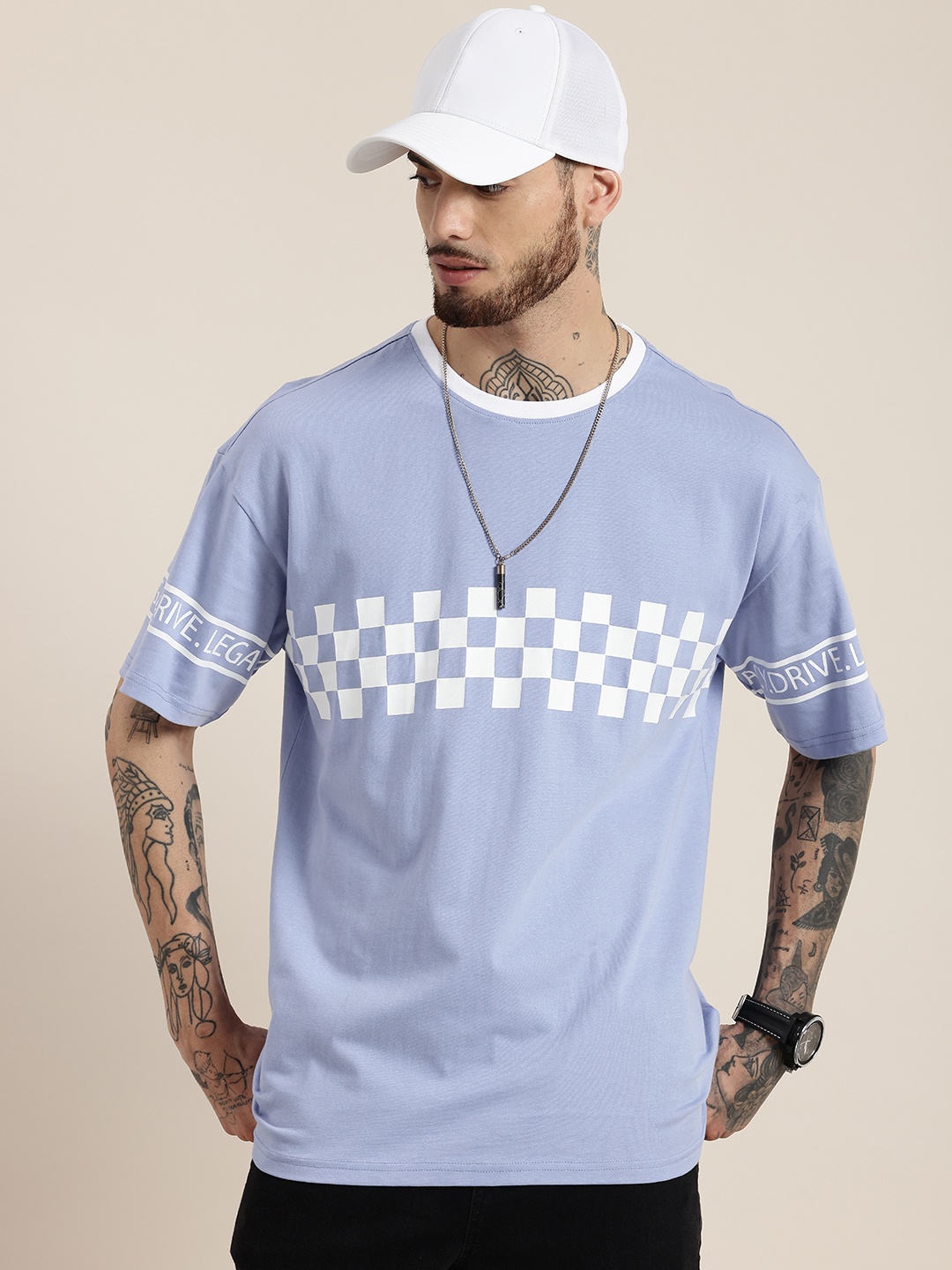 

HERE&NOW Printed Drop-Shoulder Sleeves Pure Cotton T-shirt, Blue