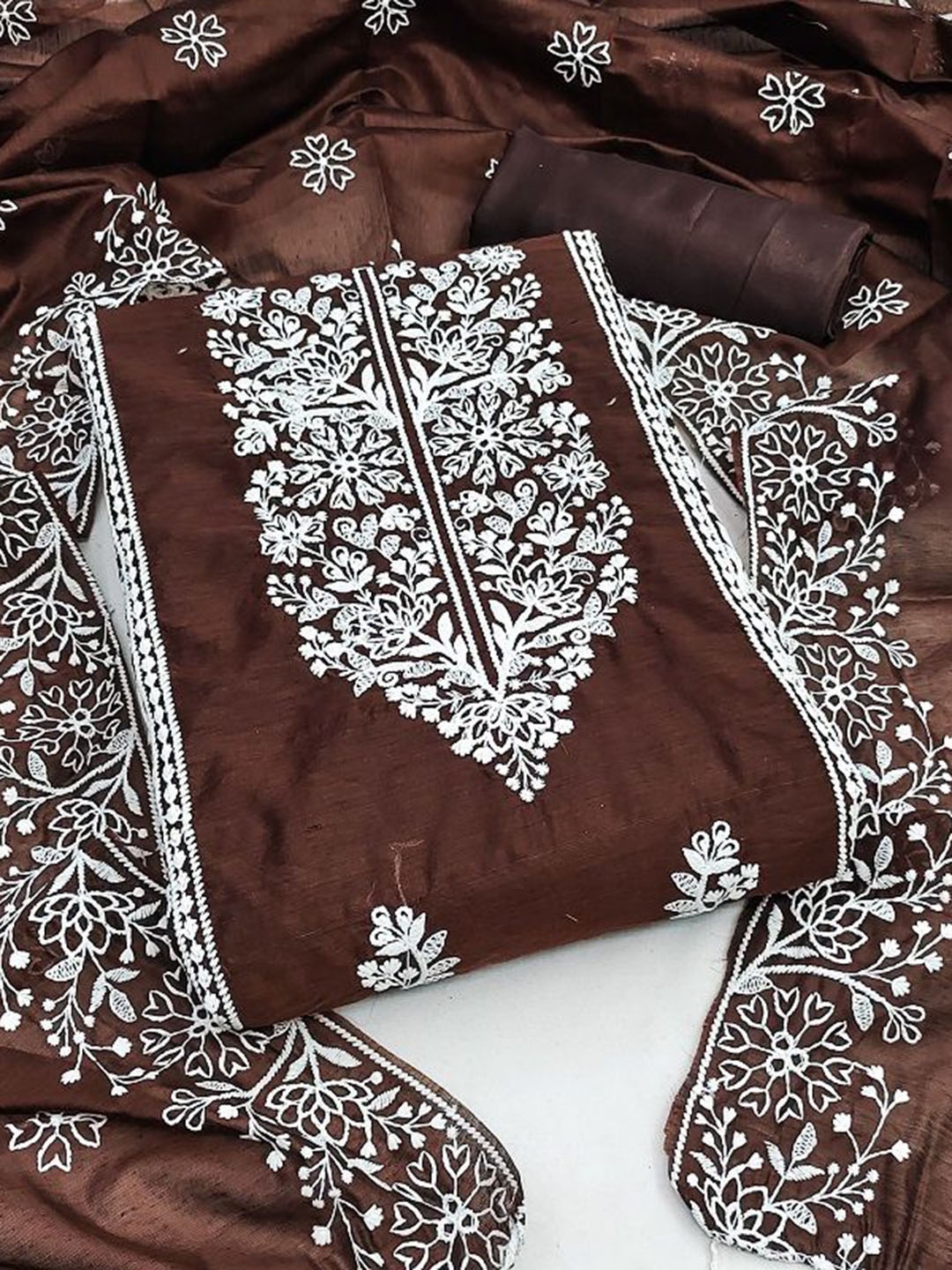 

KRITVA FASHION Floral Embroidered Semi-Stitched Dress Material, Coffee brown