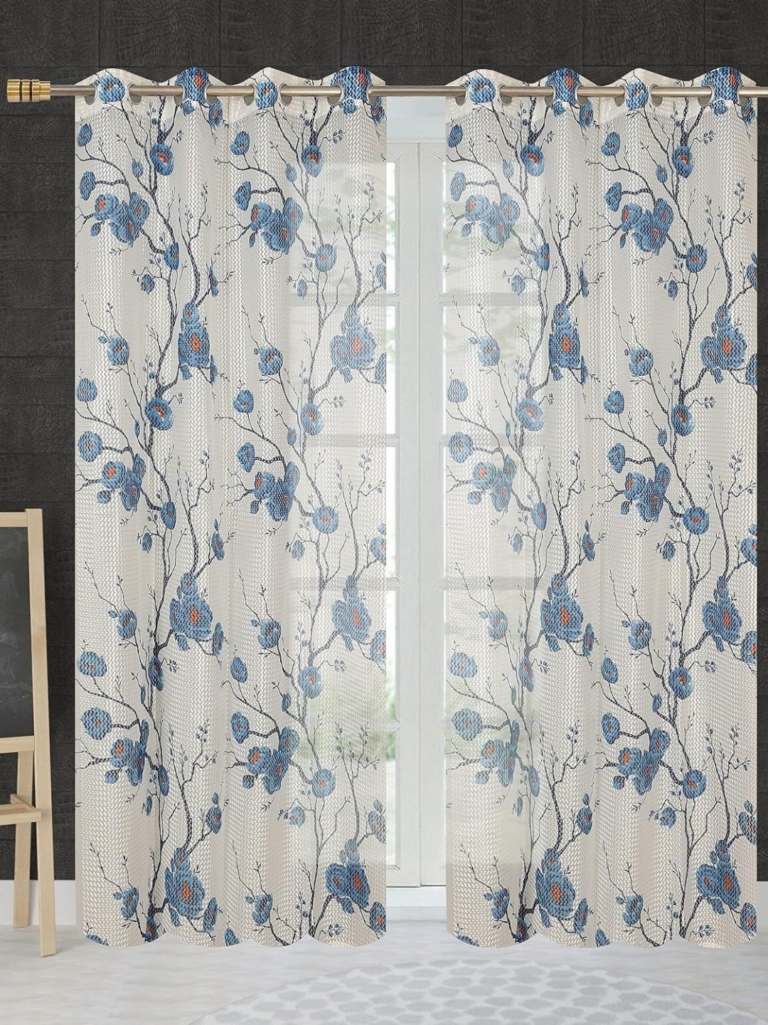 

JBG Home Store White & Blue 2 Pieces Floral Printed Sheer Window Curtain