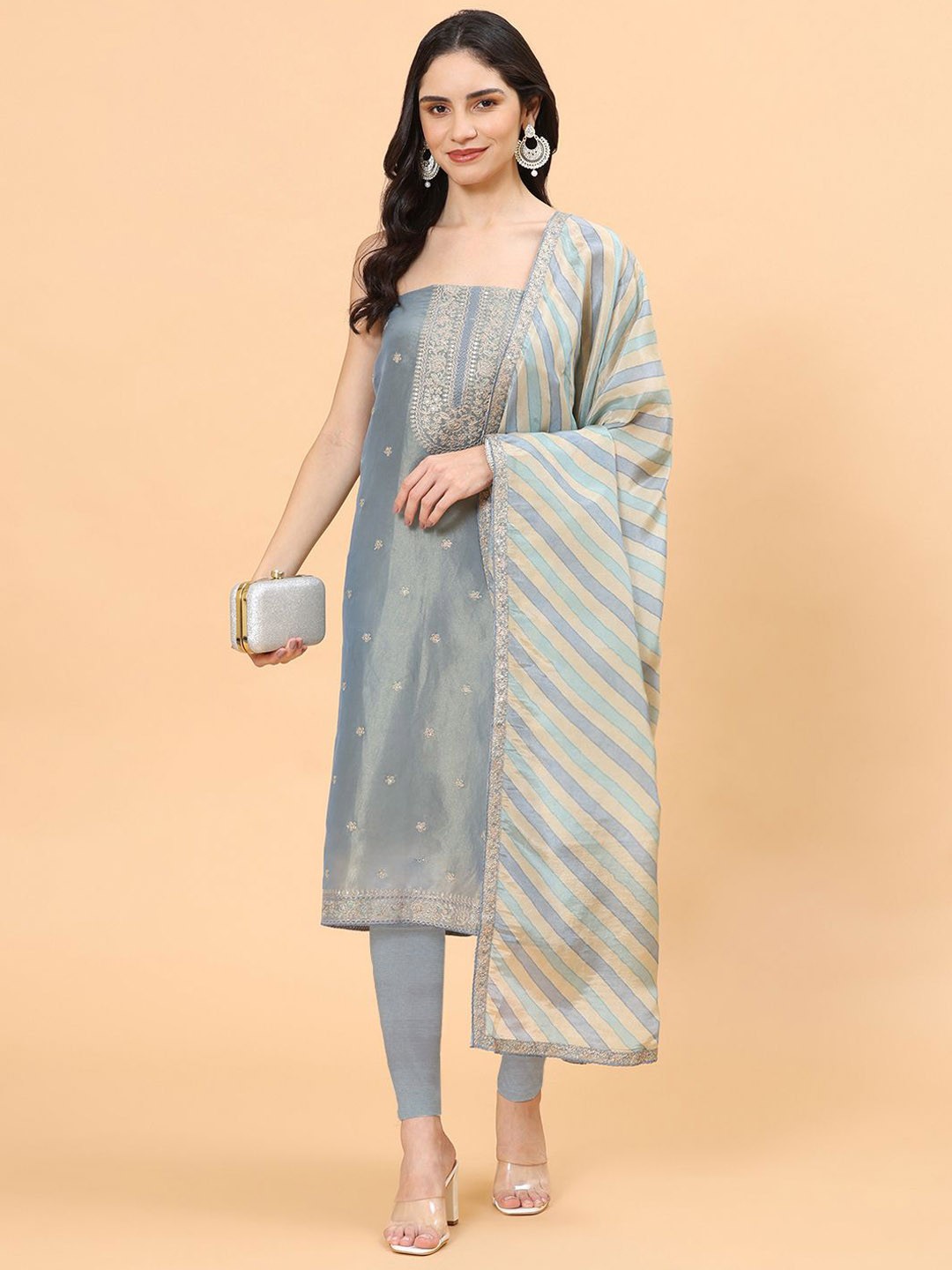 

Meena Bazaar Floral Embroidered Unstitched Dress Material, Grey