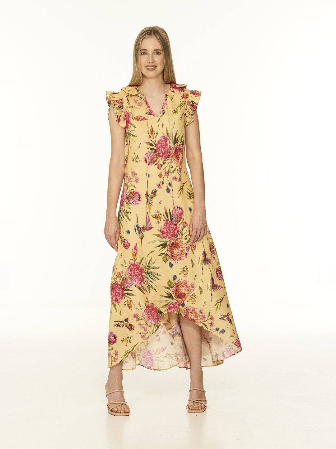 

The Sancy Flutter Sleeve Frilled Floral Maxi Dress, Yellow