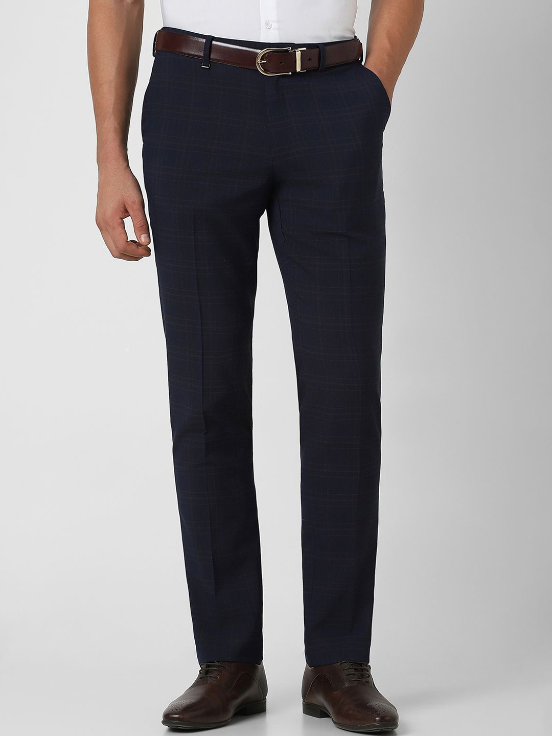 

Van Heusen Men Checked Slim Fit Formal Trousers, Navy blue