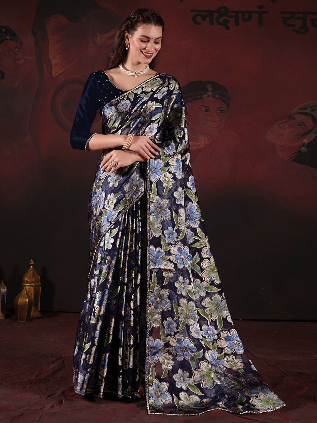 

Anouk Floral Beads and Stones Brasso Embellished Party Wear Saree, Navy blue