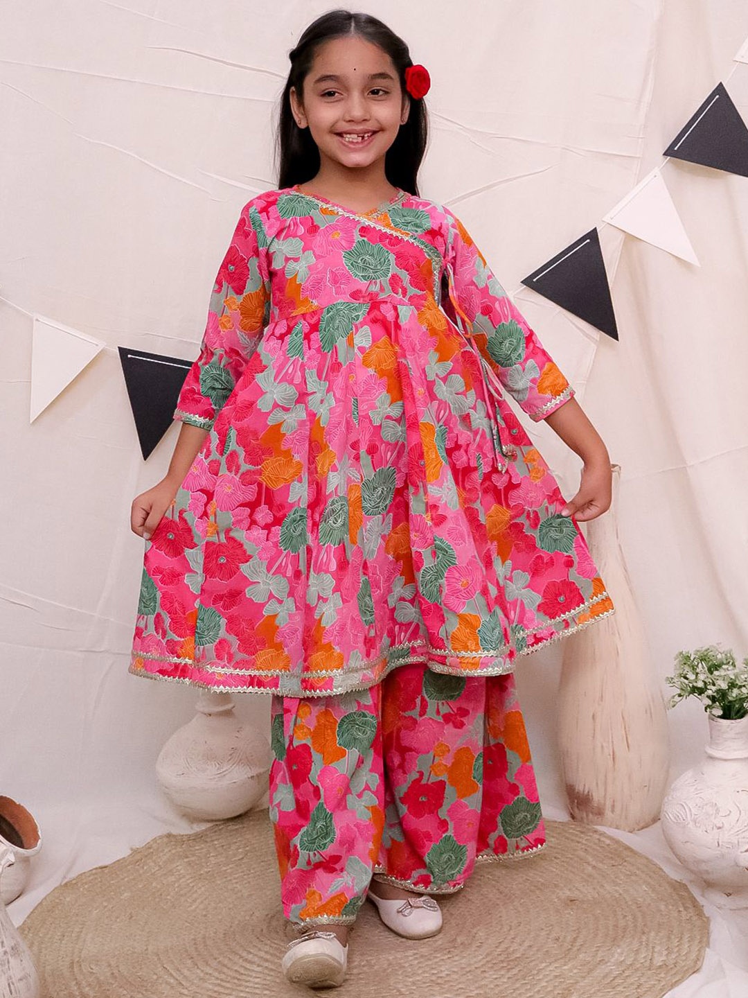 

Ka-mee Girls Floral Printed Angrakha Pure Cotton Anarkali Kurta with Sharara, Pink