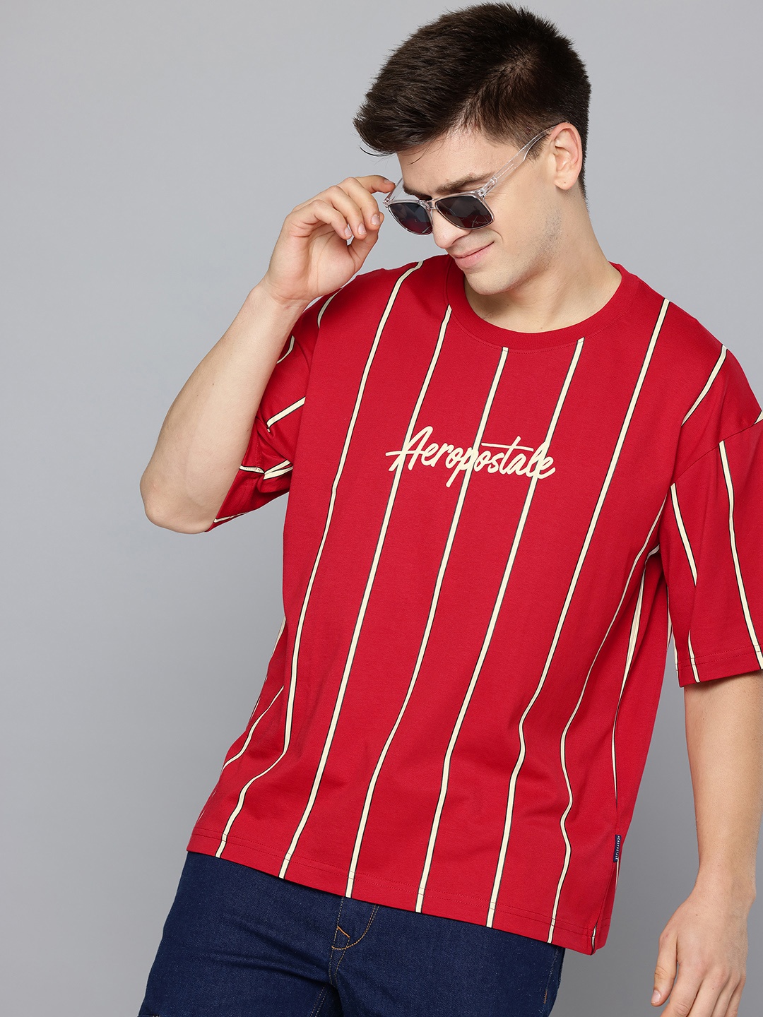 

Aeropostale Striped Drop-Shoulder Sleeves Pure Cotton Relaxed Fit T-shirt, Red