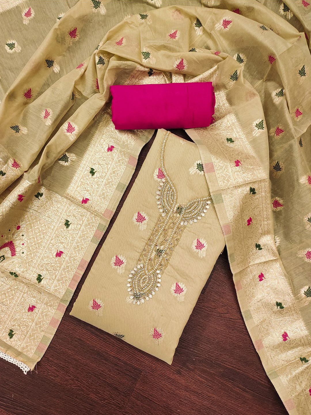 

Lilots Floral Woven Design Beads and Stones Banarasi Cotton Silk Unstitched Dress Material, Beige