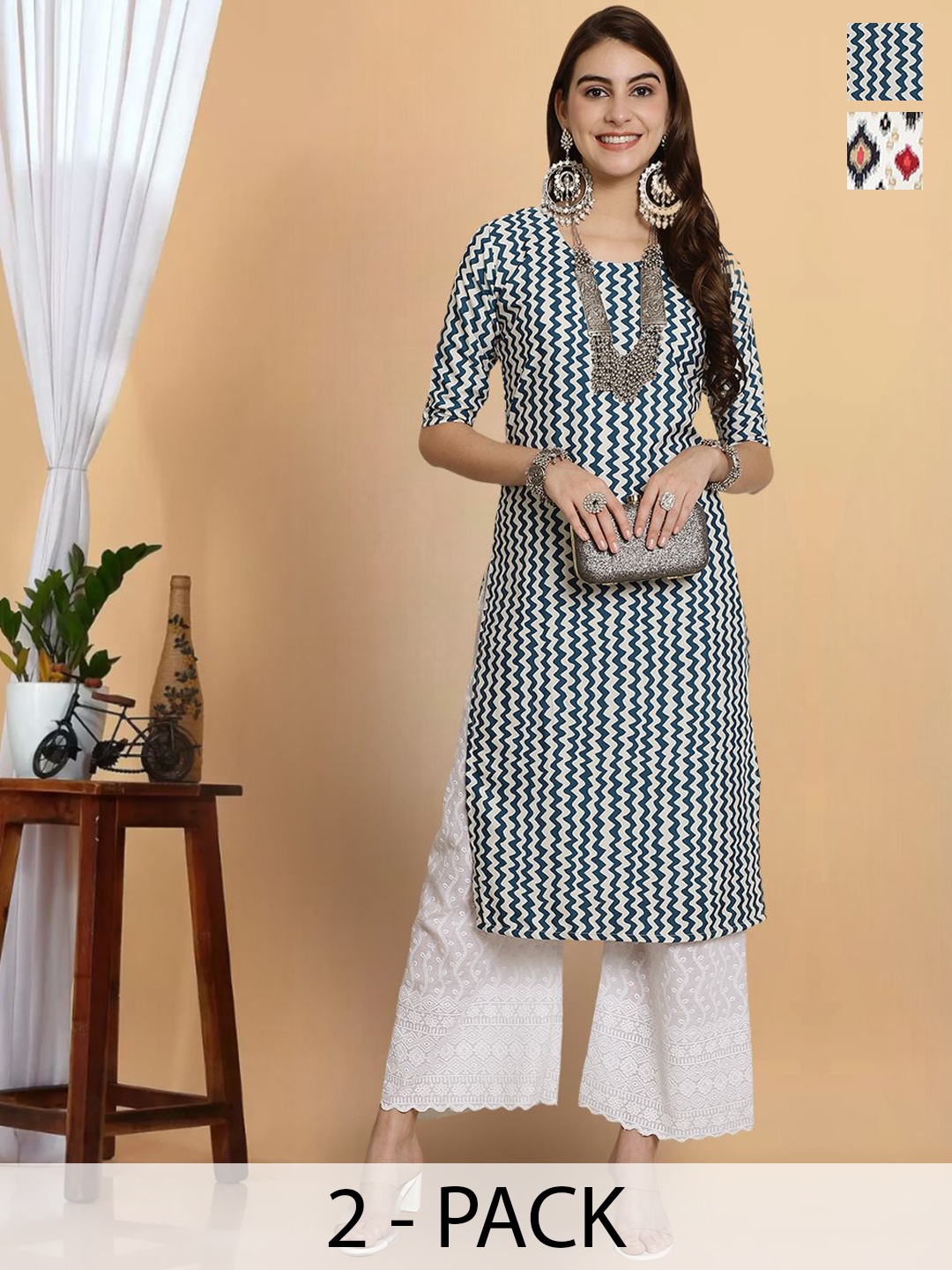 

7Threads Selection Of 2 Geometric Printed Straight Kurta, White