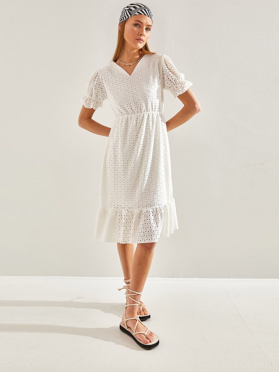 

BIANCO LUCCI Flared Sleeve A-Line Midi Dress, Na