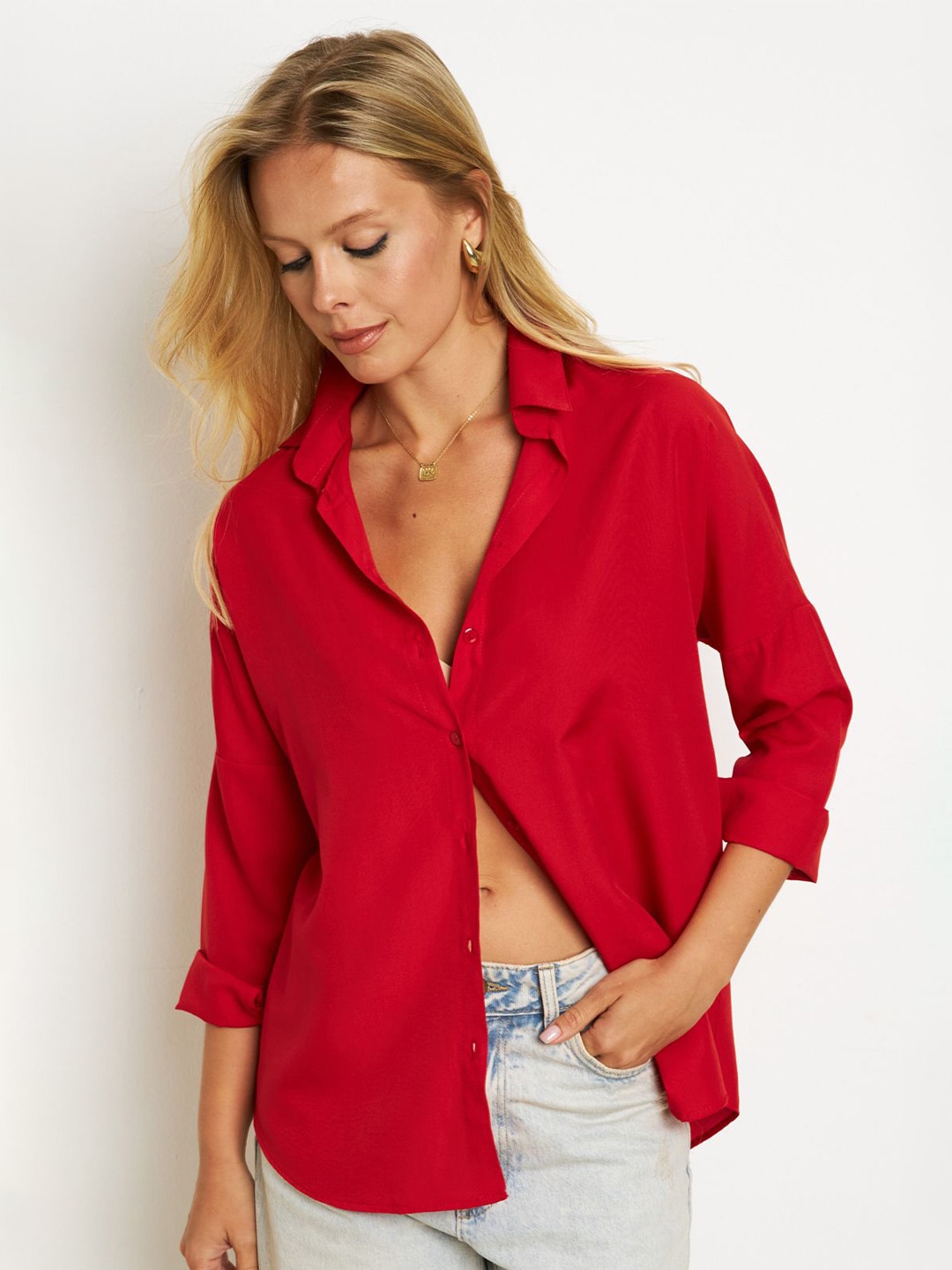 

Cool & Sexy Women Cherry Red Spread Collar Solid Casual Shirt