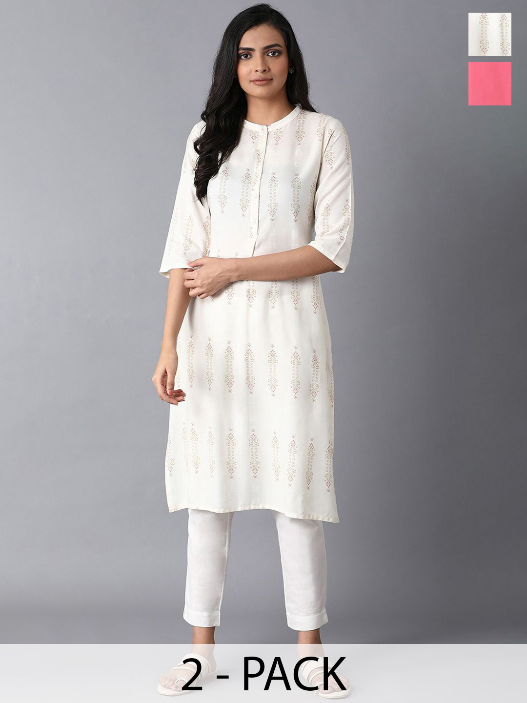 

W Selection of 2 Printed Straight Kurtas, White