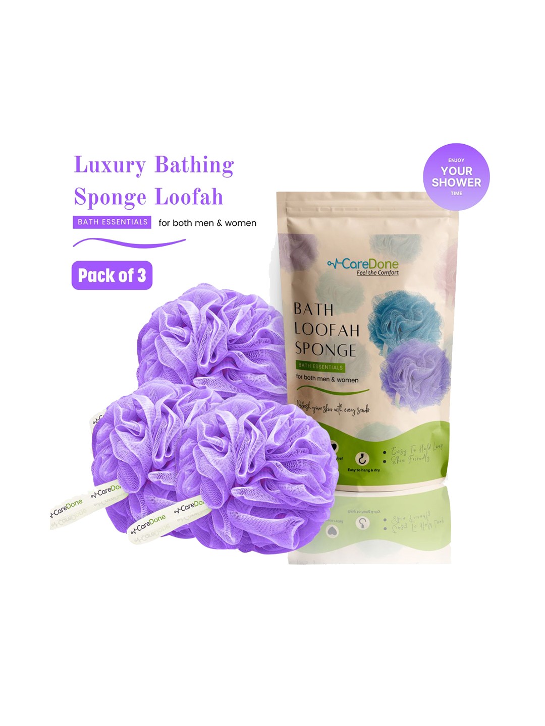 

CareDone Set of 3 Soft & Large Round Bath Loofah, Purple