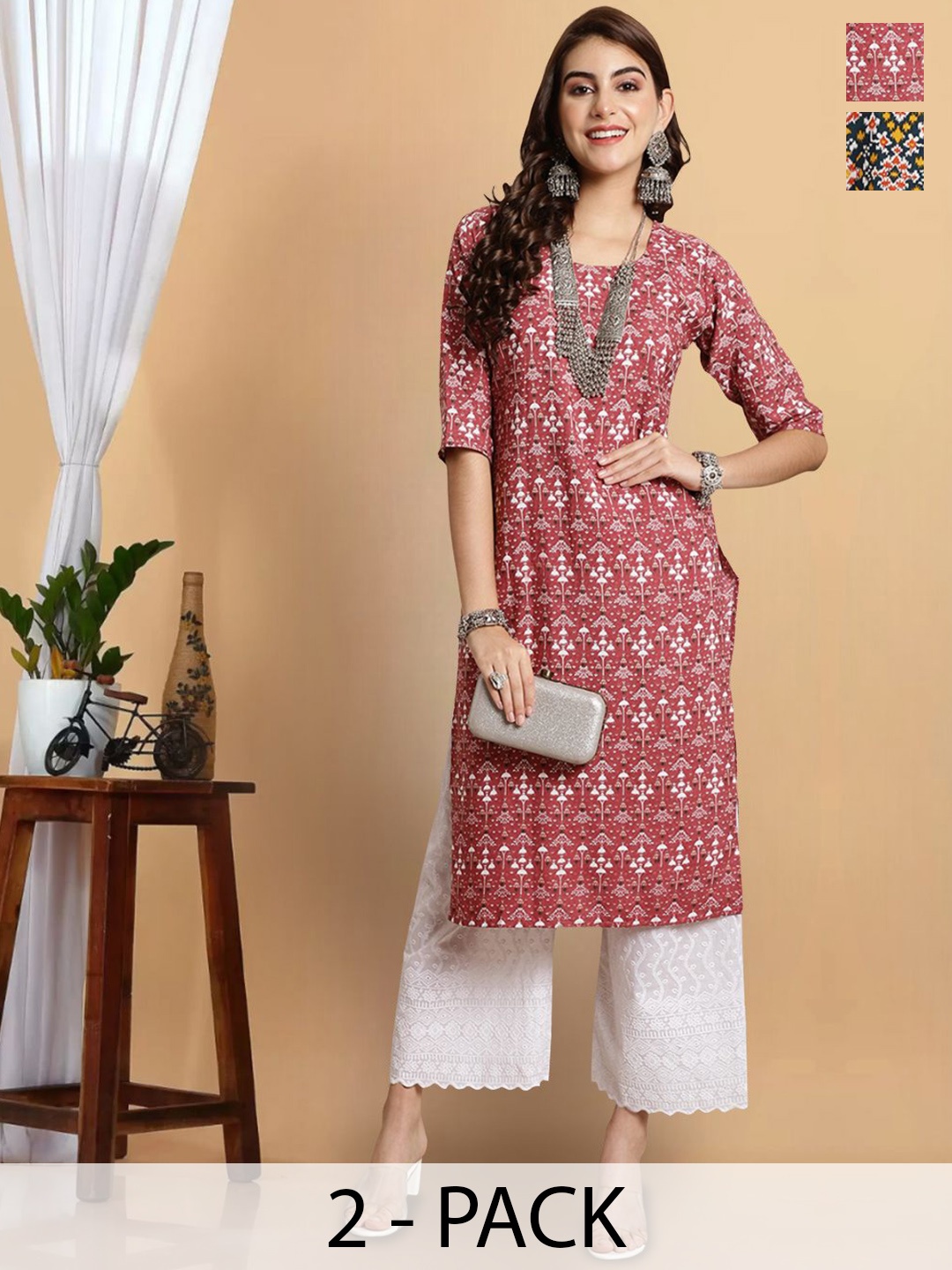 

7Threads Selection Of 2 Printed Straight Kurtas, Pink