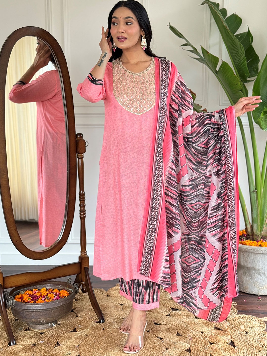 

KALINI Geometric Embroidered Sequinned Kurta with Trousers & Dupatta, Pink