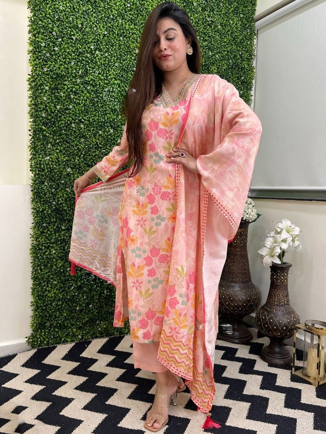 

KALINI Floral Printed Silk Crepe Kurta with Trousers & Dupatta, Pink