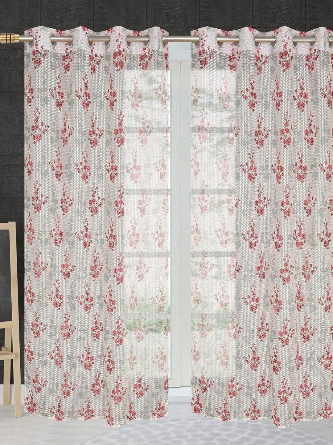 

JBG Home Store White & Maroon 2 Pieces Floral Printed Sheer Window Curtain