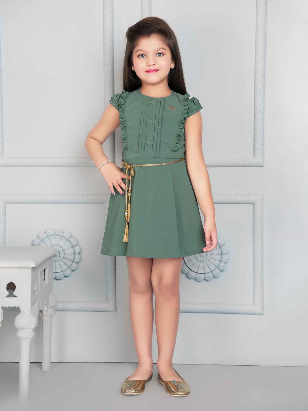 

Lagorii Girls Cap Sleeve Tie-Up Detail A-Line Dress, Green