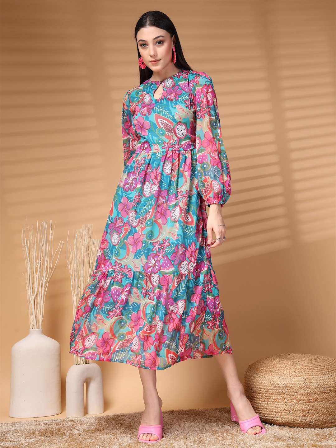 

plusS Floral Print Puff Sleeve A-Line Midi Dress, Green