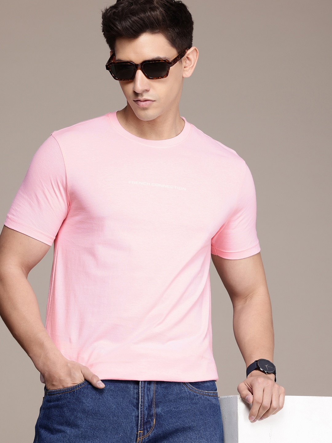 

French Connection Round Neck Pure Cotton T-shirt, Pink