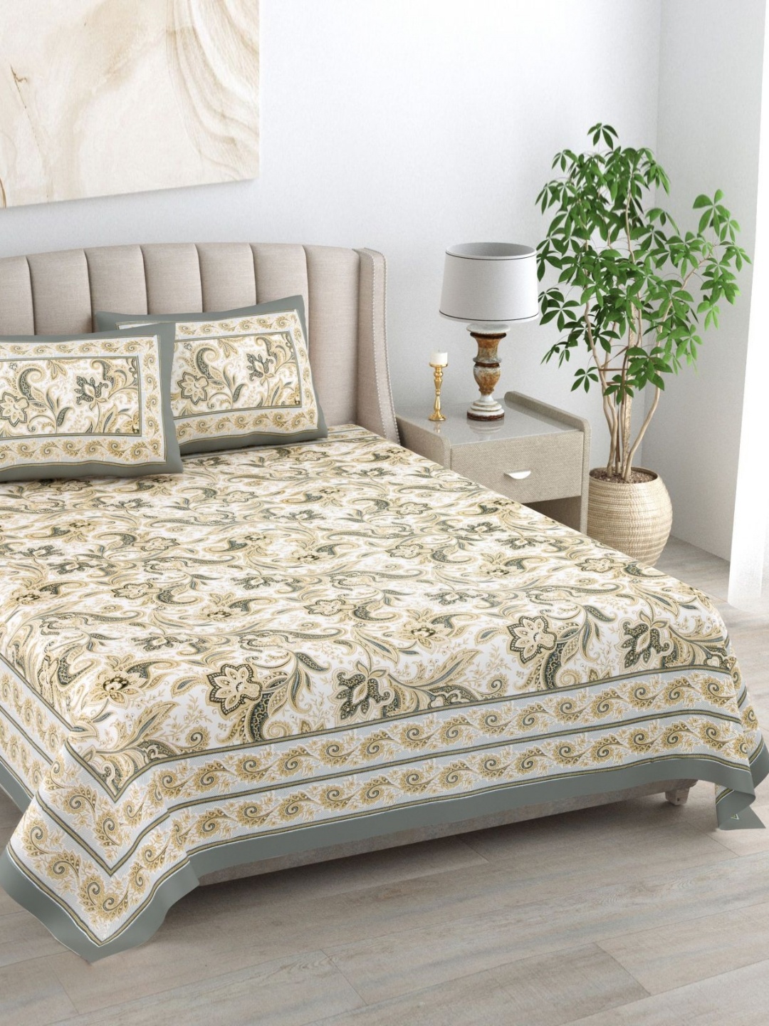 

Urban Jaipur Kaya Grey & Gold Toned Floral Cotton 250 TC King Bedsheet & 2 Pillow Covers