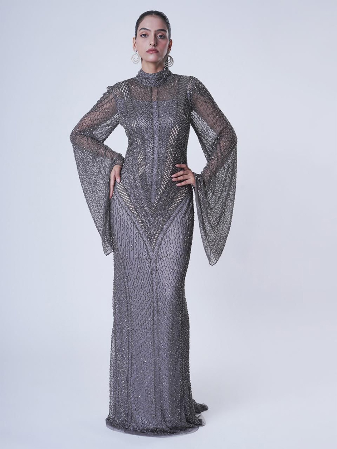 

UPGRADE Embellished Choker Neck Bell Sleeve Net Maxi Dress, Grey