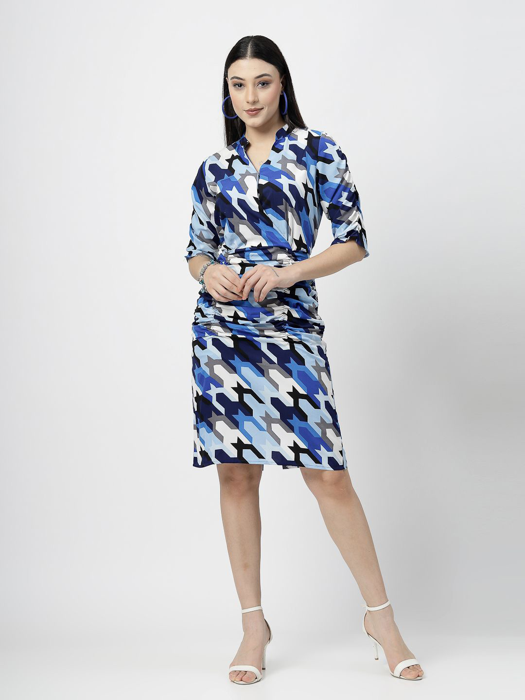 

COSMIC TRIO Print Puff Sleeve Crepe Bodycon Dress, Blue