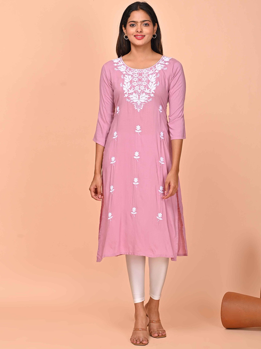 

GOLDSTROMS Floral Embroidered Mirror Work Straight Kurta, Pink
