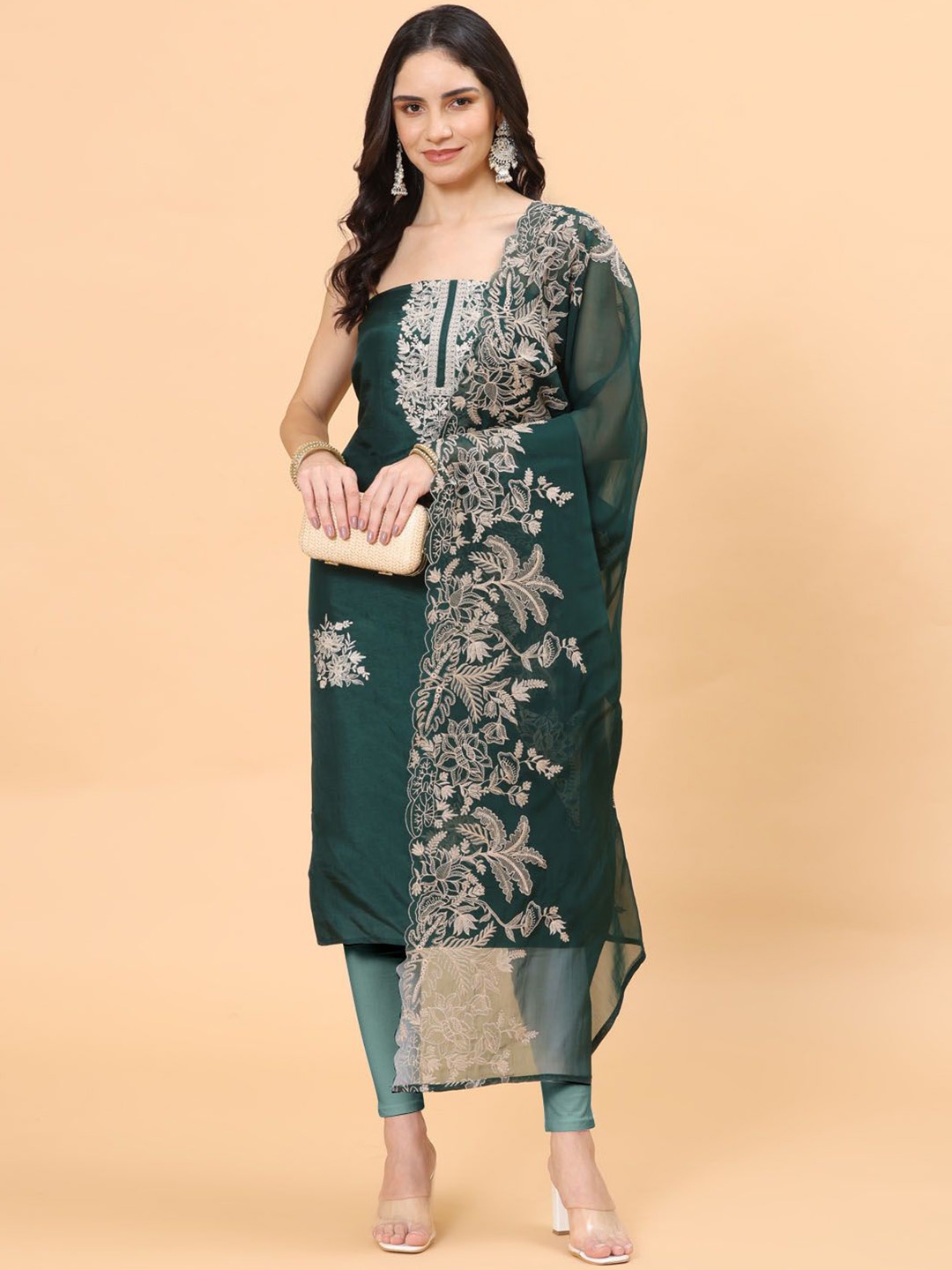 

Meena Bazaar Floral Embroidered Unstitched Dress Material, Green