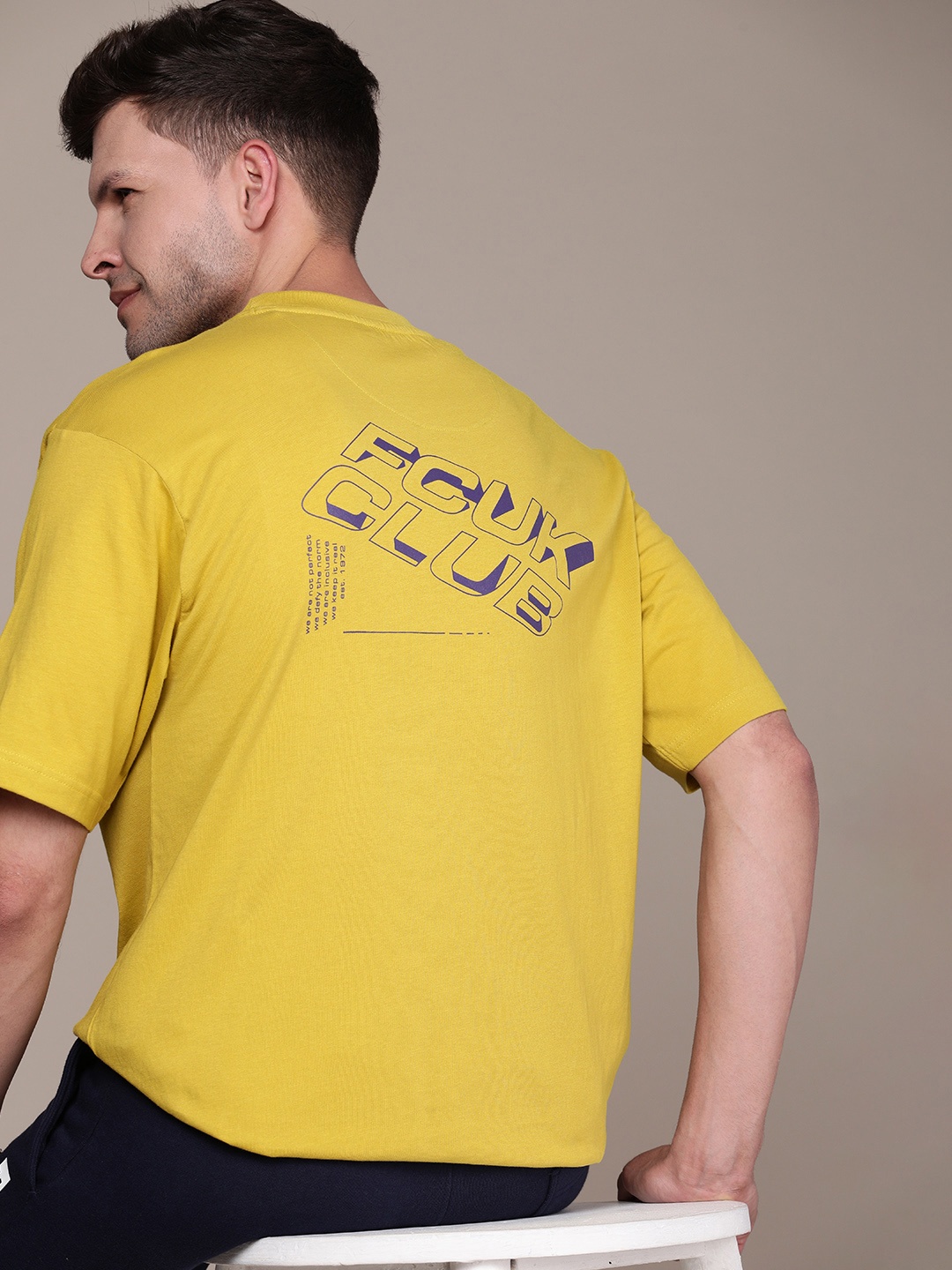 

FCUK Brand Logo Printed Drop-Shoulder Sleeves Oversized Fit Pure Cotton T-shirt, Mustard