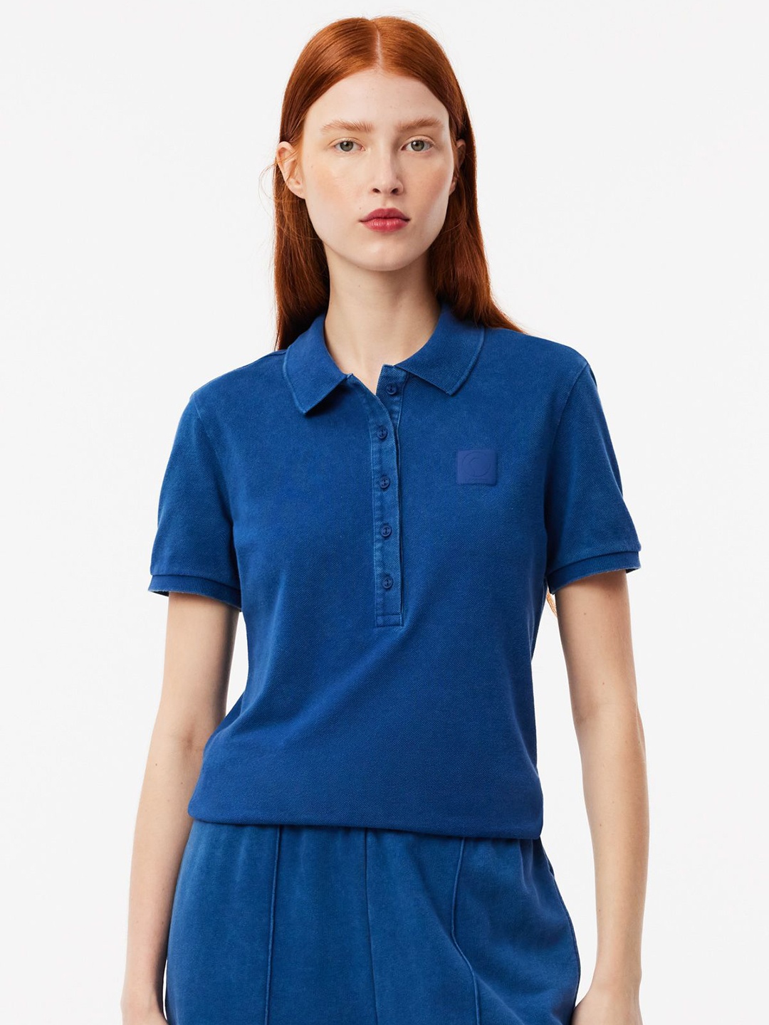 

Lacoste Women Solid Polo Collar Cotton Slim Fit T-Shirt, Blue